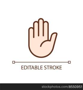 Stop gesture pixel perfect RGB color icon. Prohibition and restriction awareness. Body language. Isolated vector illustration. Simple filled line drawing. Editable stroke. Arial font used. Stop gesture pixel perfect RGB color icon