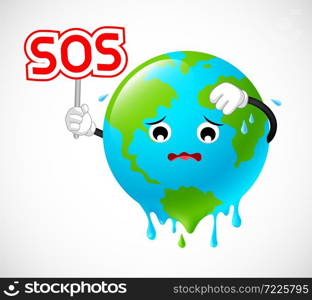 Stop global warming. Planet earth character holding SOS sign. Illustration on white background.