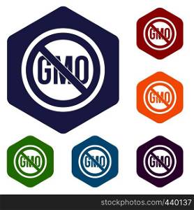 Stop GMO icons set hexagon isolated vector illustration. Stop GMO icons set hexagon