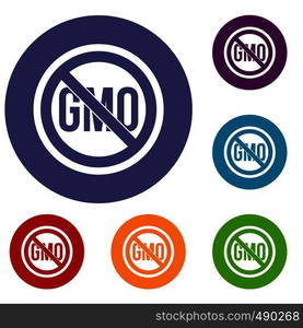 Stop GMO icons set in flat circle red, blue and green color for web. Stop GMO icons set