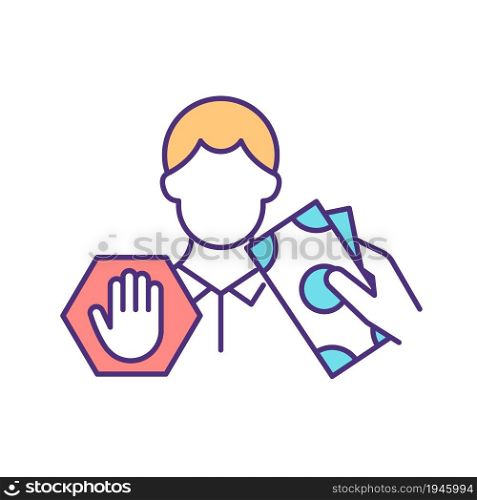 Stop government corruption RGB color icon. Businessman taking money for personal gain. Public servant demanding money in exchange for services. Isolated vector illustration. Simple filled line drawing. Stop government corruption RGB color icon
