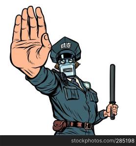 Stop hand gesture. Robot policeman. Isolate on white background. Pop art retro vector illustration kitsch vintage drawing. Stop hand gesture. Robot policeman. Isolate on white background