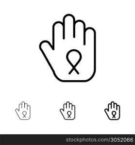 Stop, Hand, Ribbon, Awareness Bold and thin black line icon set