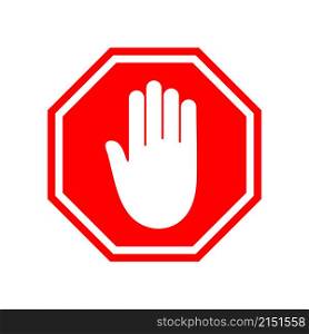 Stop hand sign. Icon of ban, forbidden and censorship. Symbol of denied. Red warning sign with white hand. Danger octagon. Block of caution with palm isolated. Vector.