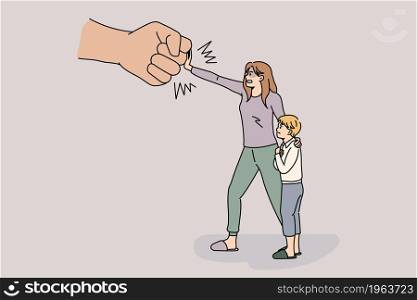 Stop harassment and bullying concept. Angry woman standing and defending herself and son from human hand fist fight bullying vector illustration . Stop harassment and bullying concept