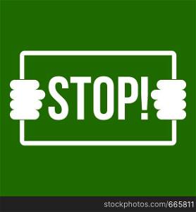 Stop icon white isolated on green background. Vector illustration. Stop icon green