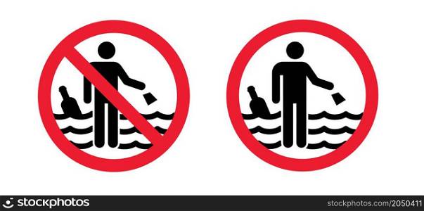Stop, it is forbidden to throw garbage, bottle the water, sea. Flat vector refuse, waste sign. Save the water day. No, plastic water bottles pollution in ocean Environment concept. Put it in the trash.