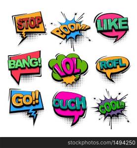 Stop like lol comic text collection sound effects pop art style. Set vector speech bubble with word and short phrase cartoon expression illustration. Comics book colored background template.. Comic text collection sound effects pop art style