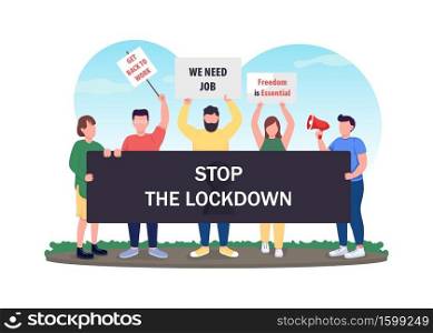Stop lockdown flat concept vector illustration. Strike c&aign. Human rights, social movement. Angry crowd with placards 2D cartoon characters for web design. Lockdown protest creative idea. Stop lockdown flat concept vector illustration