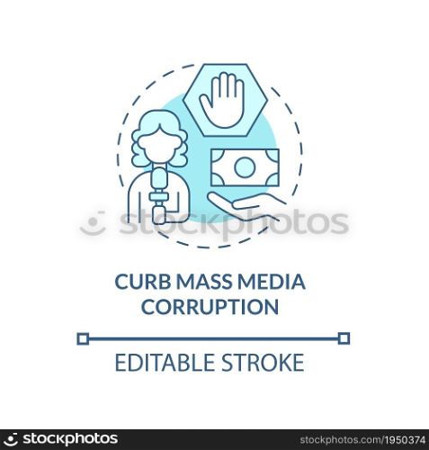 Stop mass media corruption concept icon. Fake news abstract idea thin line illustration. Bribery and lying propaganda on TV. Corrupted newspaper. Vector isolated outline color drawing. Editable stroke. Stop mass media corruption concept icon