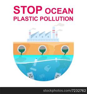 Stop ocean plastic pollution flat concept icon. Water and air contamination. Industrial factory toxic pollutions sticker, clipart. Isolated cartoon illustration on white background. Stop ocean plastic pollution flat concept icon