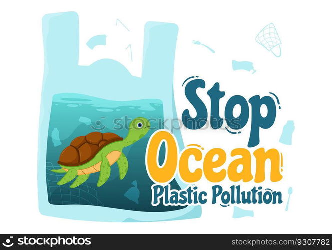 Stop Ocean Plastic Pollution Vector Illustration with Trash Under the Sea like a Waste Bag, Garbage and Bottle in Flat Cartoon Hand Drawn Templates