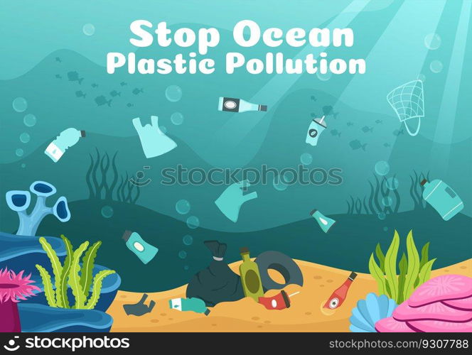 Stop Ocean Plastic Pollution Vector Illustration with Trash Under the Sea like a Waste Bag, Garbage and Bottle in Flat Cartoon Hand Drawn Templates