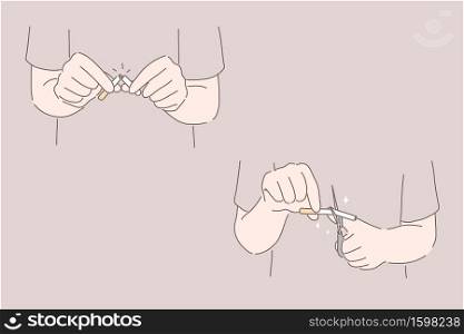 Stop or no smoking set concept. Hands are breaking cigarettes. Stopping to smoke, cutting cigarettes with scissors. Mans hands are leaving off smoking. Qutting from addiction. Simple flat vector. Stop or no smoking set concept