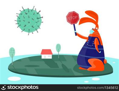Stop pandemic. Rabbit with mask and gloves and a stop sign. Flat vector illustration.