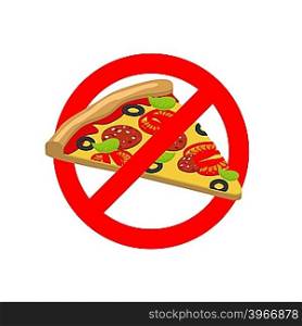 Stop Pizza. Forbidden fast food. Crossed out slice of pizza. Emblem against Italian food. Red prohibition sign. Ban harmful food&#xA;