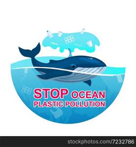 Stop plastic pollution in ocean flat concept icon. Whale and trash in sea water. Marine animal trapped in plastic garbage sticker, clipart. Isolated cartoon illustration on white background. Stop plastic pollution in ocean flat concept icon