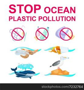 Stop plastic pollution in ocean flat concept icons set. Marine animals trapped in garbage stickers, cliparts pack. Nature protection. Waste in ocean. Isolated cartoon illustrations on white background. Stop plastic pollution in ocean flat concept icons set