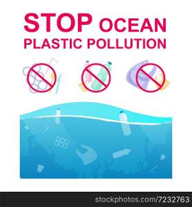 Stop plastic pollution in ocean flat concept icons set. Nature protection. Waste reduce and refuse. No plastic stickers, cliparts pack. Isolated cartoon illustrations on white background. Stop plastic pollution in ocean flat concept icons set