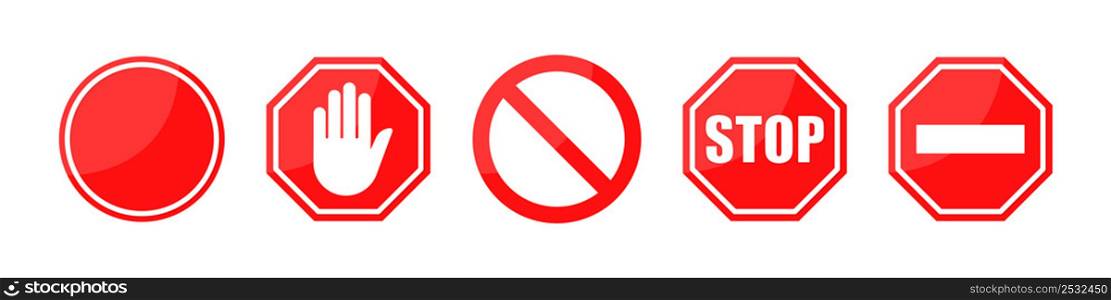 Stop red road signs set. Danger pictogram with hand and do not enter attention sign. Stock vector elements.. Stop red road signs set. Danger pictogram with hand and do not enter attention sign.