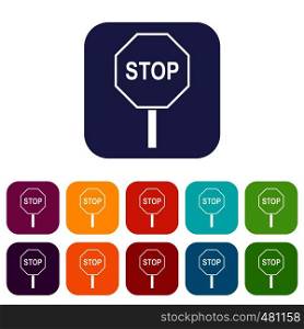 Stop road sign icons set vector illustration in flat style in colors red, blue, green, and other. Stop road sign icons set