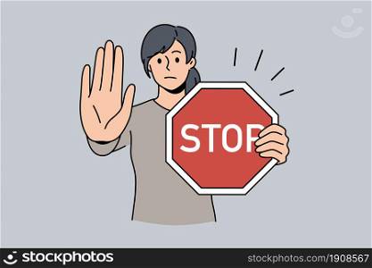 Stop sign and rejection concept. Young serious woman cartoon character standing with red sign stop in hands and showing her palm with refusing emotion vector illustration. Stop sign and rejection concept.