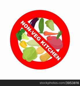 Stop sign. Banning Red sign. Strikethrough vegetables: potatoes and carrots, cabbage and beets. Kitchen excludes vegetables, only meat dishes. Vector illustration&#xA;