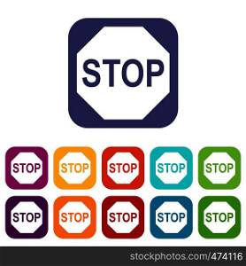 Stop sign icons set vector illustration in flat style In colors red, blue, green and other. Stop sign icons set