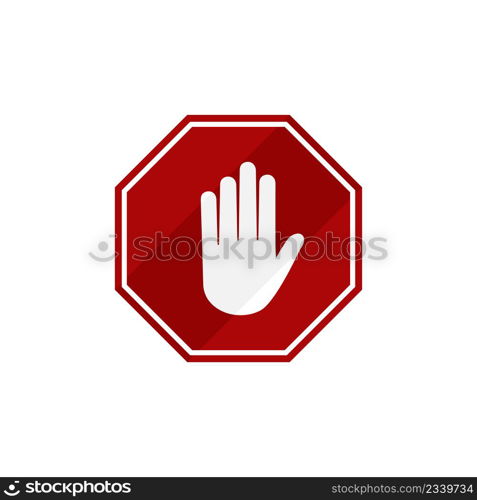 Stop sign shows hand on red background. Vector icon.