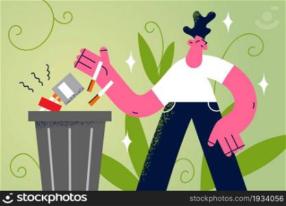 Stop smoking and healthy lifestyle concept. Young smiling man cartoon character standing and putting cigarettes and block to trash bin vector illustration . Stop smoking and healthy lifestyle concept