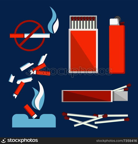 Stop smoking banner isolated on blue background, vector illustration with cigarettes and matches, unhealthy addiction, cigar-lighter with red case. Stop Smoking Banner Isolated on Blue Background