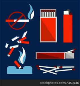 Stop smoking banner isolated on blue background, vector illustration with cigarettes and matches, unhealthy addiction, cigar-lighter with red case. Stop Smoking Banner Isolated on Blue Background