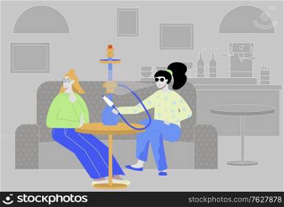 Stop smoking flat composition with bar interior and girl offering hookah smoke to her non-smoking friend vector illustration