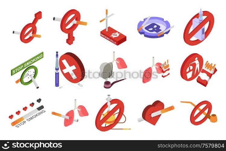 Stop smoking isometric icons set with cigarettes pipes hookah and human organs isolated on white background 3d vector illustration