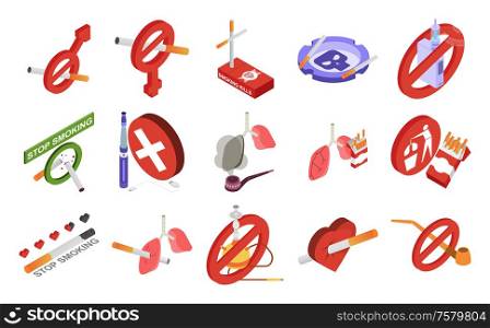 Stop smoking isometric icons set with cigarettes pipes hookah and human organs isolated on white background 3d vector illustration