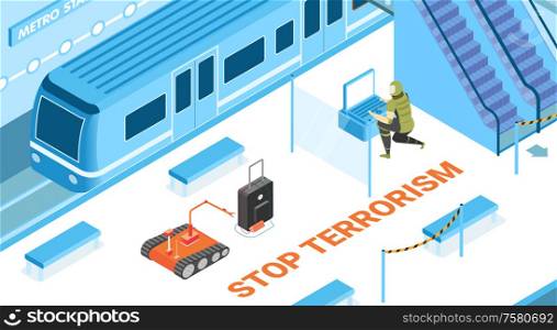 Stop terrorism background with underground security symbols isometric vector illustration