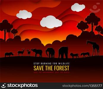 Stop the burning of forests to preserve forests and wildlife, the concept of environmental conservation in the world of forests. Vector illustration and paper art with digital craft style.