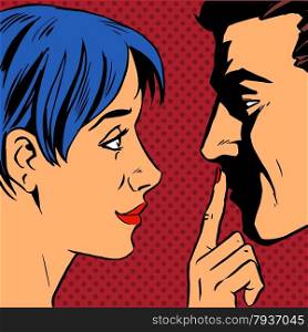 Stop the woman invites the man to stay put a finger to his lips. Pop art vintage comic. Gossip and rumors talk about love. Retro style. Stop woman invites man to stay put a finger to his lips