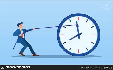 Stop time concept. Business metaphor. Businessman trying to slow down and stop time. Deadline. Time management. Vector illustration in flat style.. Businessman trying to slow down and stop time