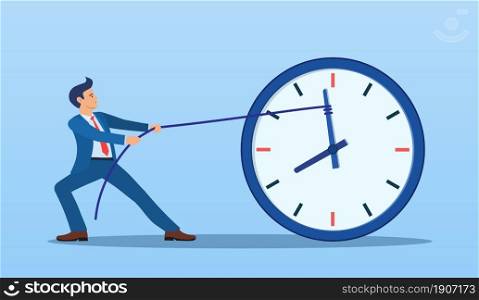 Stop time concept. Business metaphor. Businessman trying to slow down and stop time. Deadline. Time management. Vector illustration in flat style.. Businessman trying to slow down and stop time