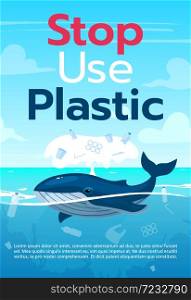 Stop using plastic brochure template. Pollution in ocean. Flyer, booklet, leaflet concept with flat illustrations. Vector page cartoon layout for magazine. Advertising poster with text space. Stop using plastic brochure template