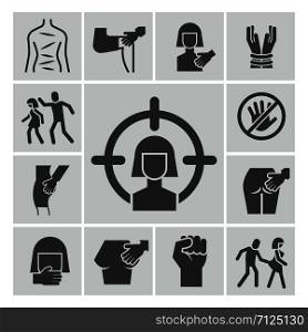 Stop violence, sexual abuse, harassment vector icons set. Violence and abuse, harassment and sexual victim illustration. Stop violence, sexual abuse, harassment vector icons set