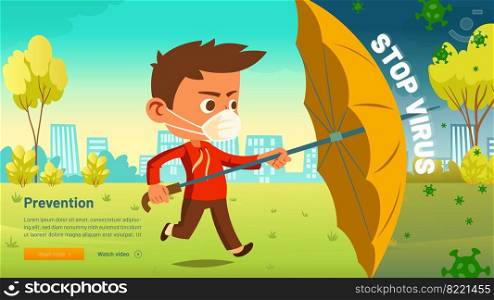Stop virus cartoon web banner, little boy in medical mask with umbrella protect from covid19 cells rain falling down from sky. Child walking in park during coronavirus pandemic, Vector illustration. Stop virus cartoon web banner, boy with umbrella