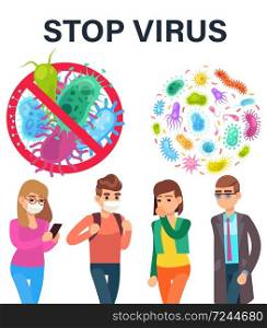 Stop Virus. People in and without medical masks on face. Man and woman ignore public rules during a viral disease epidemic. Vector flat cartoon isolated illustration. Stop Virus. People in and without medical masks. Man and woman ignore public rules during a viral disease epidemic. Vector flat cartoon illustration