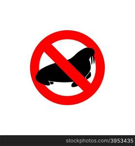 Stop walrus. Seal is prohibited. Frozen Arctic animal swimming cat silhouette. Emblem of big scary beast. Red forbidding character. Ban animals with fangs