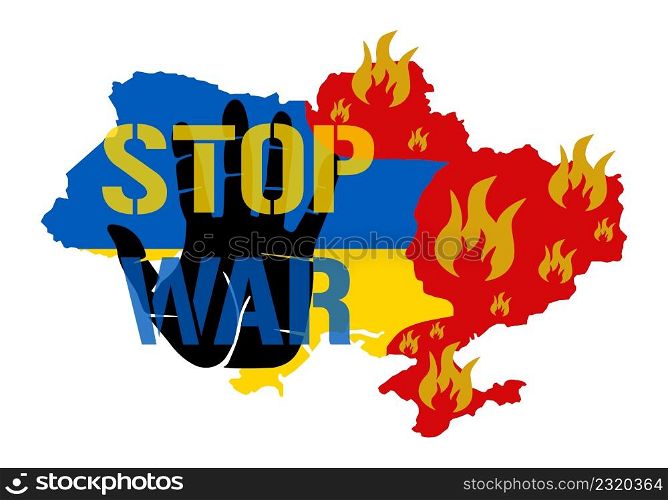 Stop war - palm. Save Ukraine. Stylized map of Ukraine with national flag and attacked burning territories in the form of a bloody head a usurper. Bleeding Ukraine map on fire with children open hand. Stop war - palm. Save Ukraine. Stylized map of Ukraine with national flag and attacked burning territories in the form of a bloody head a usurper. Bleeding Ukraine map on fire with children open hand.