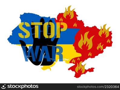 Stop war - palm. Save Ukraine. Stylized map of Ukraine with national flag and attacked burning territories in the form of a bloody head a usurper. Bleeding Ukraine map on fire with children open hand. Stop war - palm. Save Ukraine. Stylized map of Ukraine with national flag and attacked burning territories in the form of a bloody head a usurper. Bleeding Ukraine map on fire with children open hand.