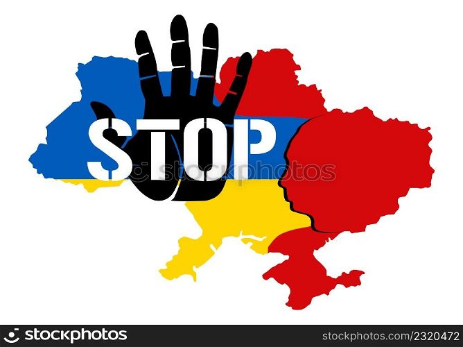 Stop war - palm. Save Ukraine. Stylized map of Ukraine with national flag and attacked territories in the form of a bloody head a russian usurper. Bleeding Ukraine map on fire with children open hand. Stop war - palm. Save Ukraine. Stylized map of Ukraine with national flag and attacked territories in the form of a bloody head a russian usurper. Bleeding Ukraine map on fire with children open hand.