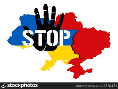 Stop war - palm. Save Ukraine. Stylized map of Ukraine with national flag and attacked territories in the form of a bloody head a russian usurper. Bleeding Ukraine map on fire with children open hand. Stop war - palm. Save Ukraine. Stylized map of Ukraine with national flag and attacked territories in the form of a bloody head a russian usurper. Bleeding Ukraine map on fire with children open hand.