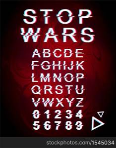 Stop wars font template. Retro futuristic style vector alphabet set on red marbling background. Capital letters, numbers and symbols. Pacifism movement typeface design with distortion effect
